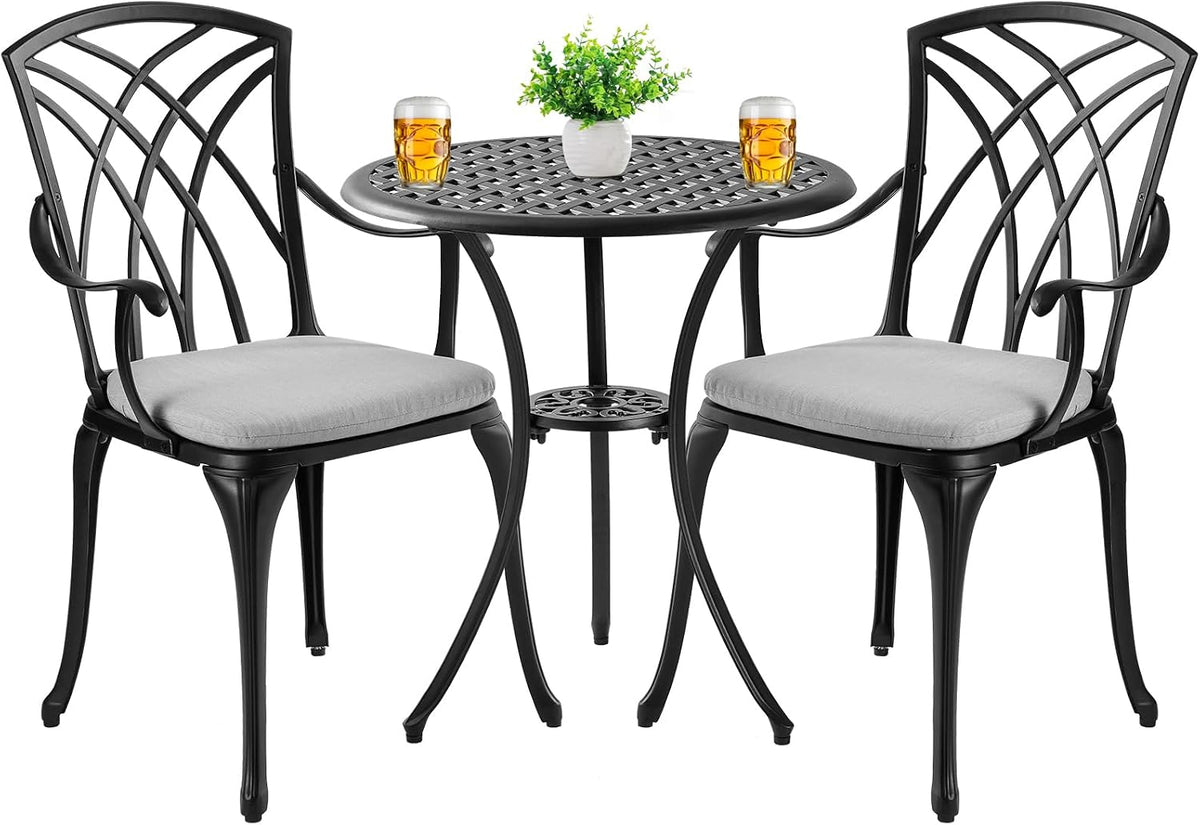 3 Piece Patio Bistro Set with Cushions, Outdoor Bistro Table and Chairs Set of 2 with Umbrella Holes, All Weather Bistro Table Set for Garden Porch Pools
