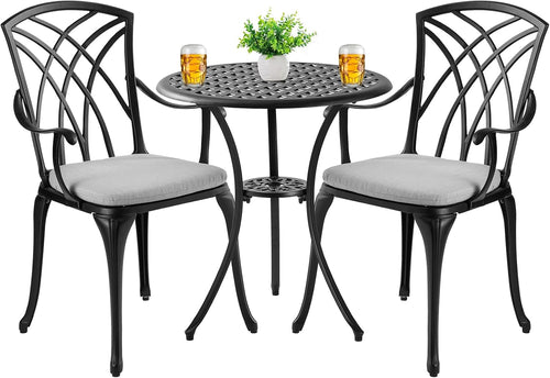 3 Piece Patio Bistro Set with Cushions, Outdoor Bistro Table and Chairs Set of 2 with Umbrella Holes, All Weather Bistro Table Set for Garden Porch Pools
