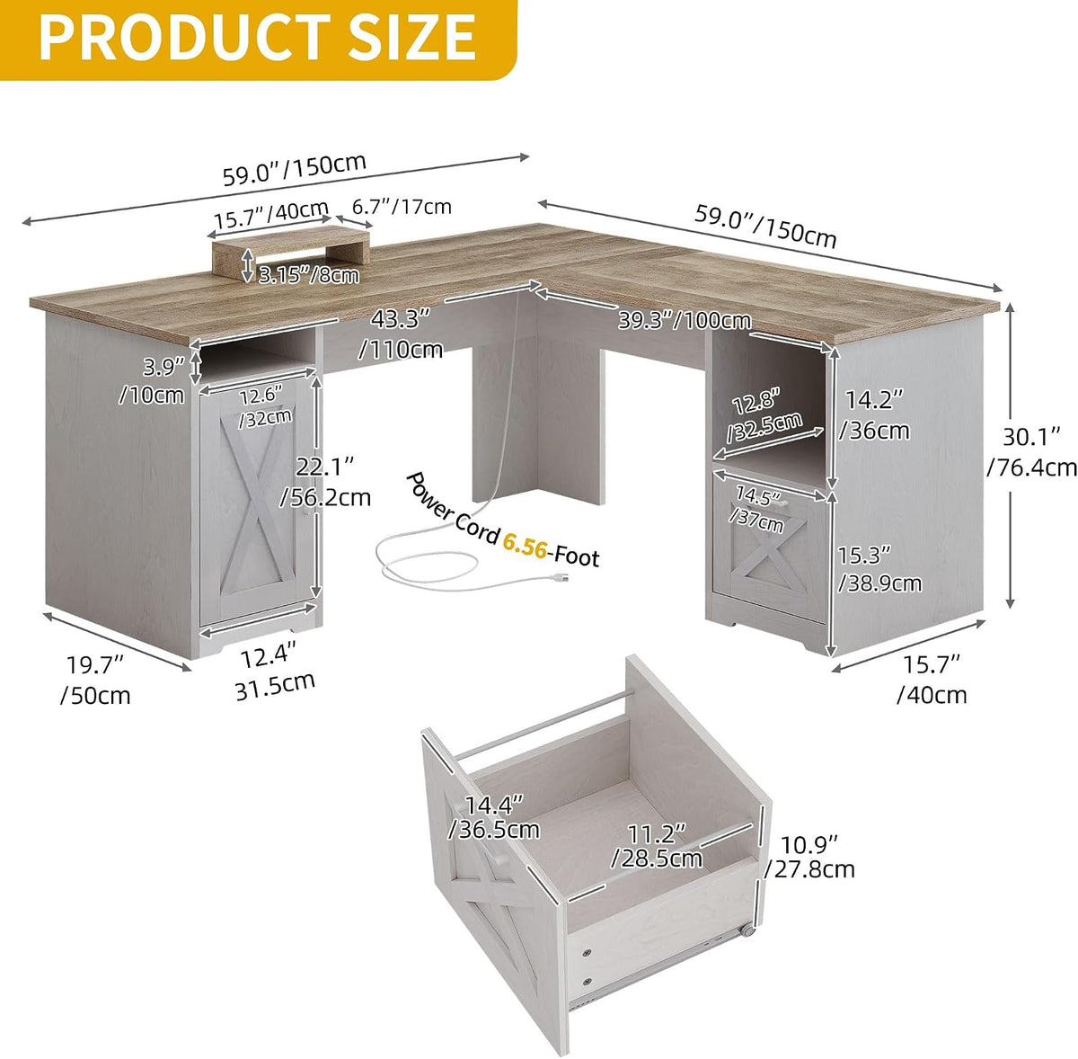 DWVO L Shaped Desk with File Drawer, 60' Corner Computer Desk with Power Outlets, Home Office Desk with Monitor Stand & Storage Shelves & File Cabinet, Grey Wash