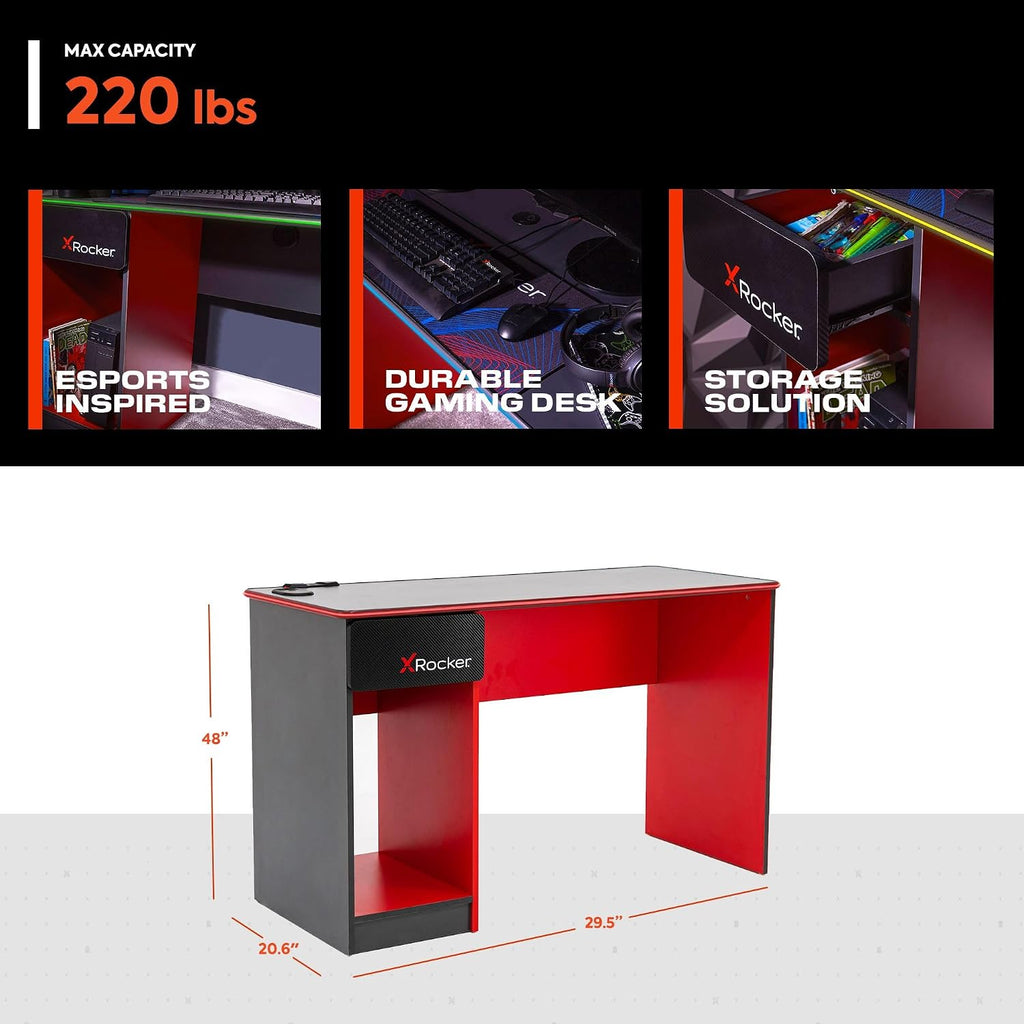 X Rocker Carbon Tek LED Gaming Desk with Wireless Charging, Headphone Hook, and Cable Management