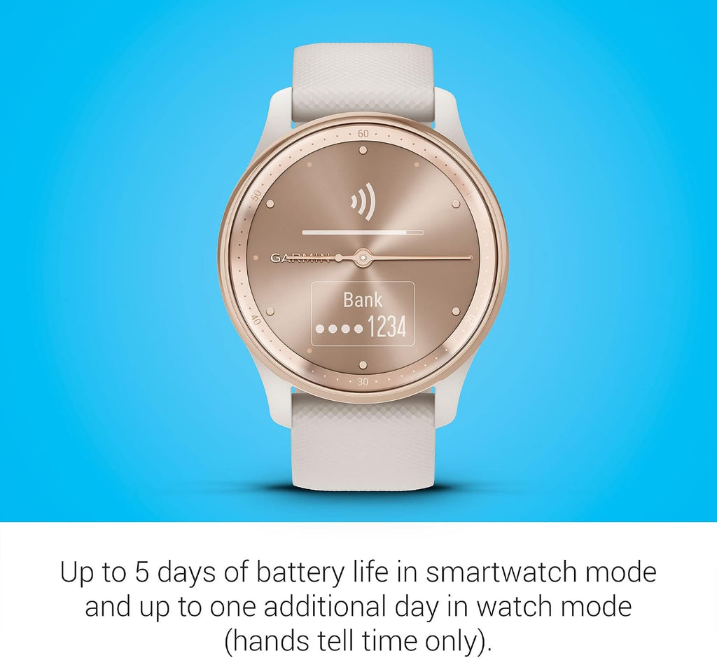 Garmin vívomove Trend, Stylish Hybrid Smartwatch, Long-Lasting Battery Life, Dynamic Watch Hands and Touchscreen Display, Peach Gold Stainless Steel Bezel with Ivory Case and Silicone Band