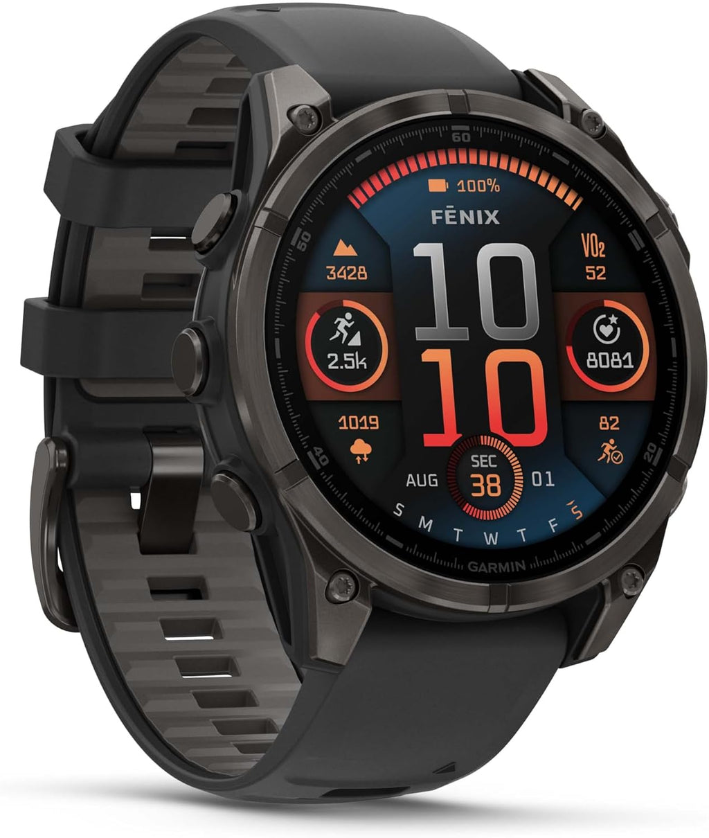 Garmin Fenix 8 47MM AMOLED Sapphire Premium Multisport GPS Smartwatch Carbon Gray DLC Titanium with Black Gray Silicone Band, Built-in LED Flashlight, Fitness & Health Smart Watch Bundle for Men