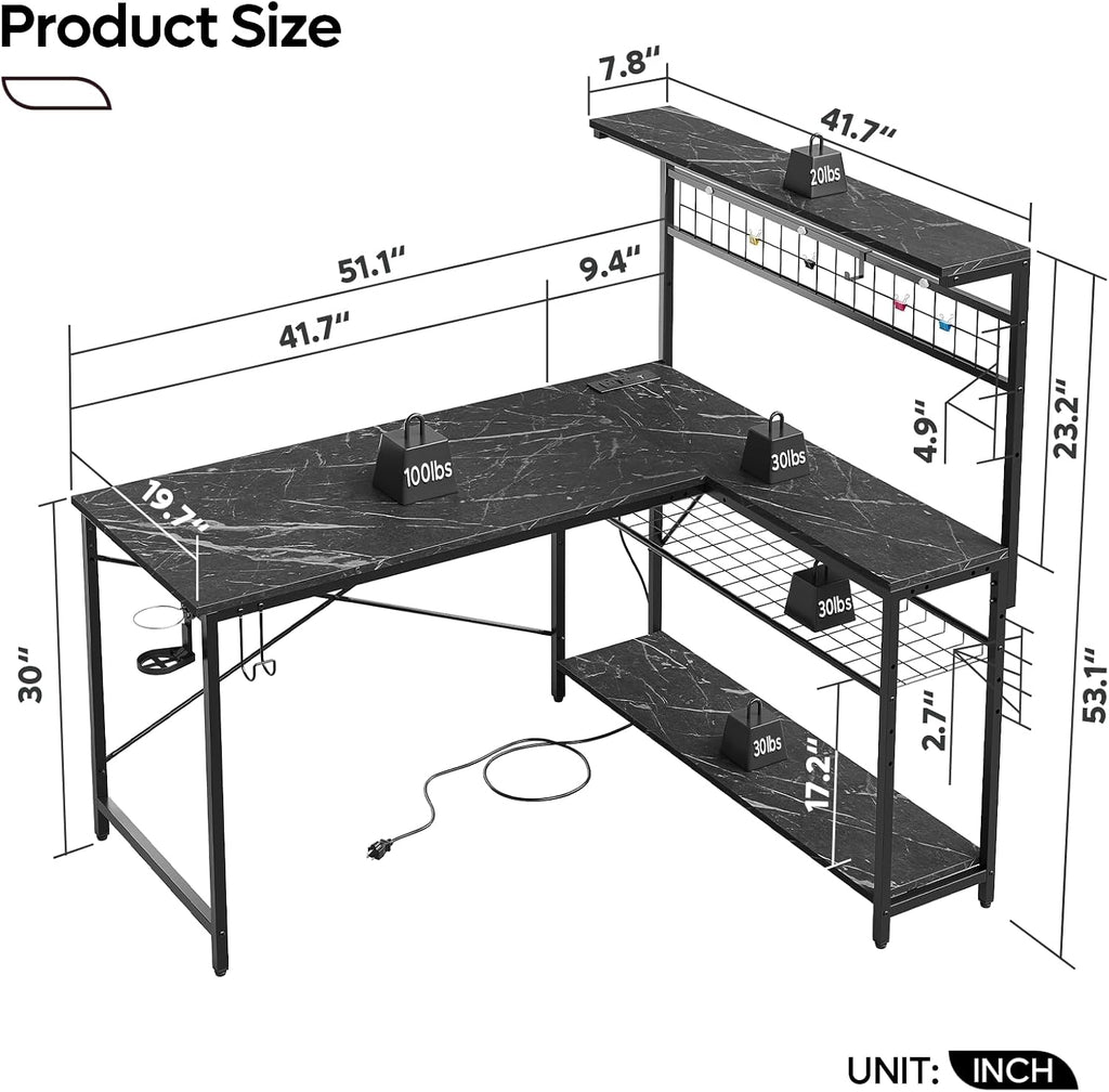 Bestier Gaming Desk 51' L-Shaped, with Power Outlets & LED Lights- 4 Tier Shelves, Reversible Gamer Table with Hooks & Cup Holder for Home Office Black Marble