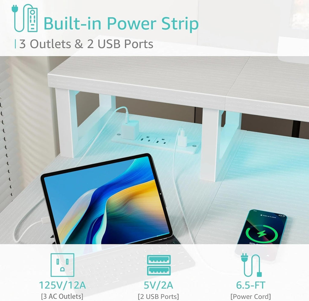 Lufeiya L Shaped Desk with Led Lights and Power Outlets, 47 Inch Writing Study Computer Gaming Desks with Fabric Drawers for Bedroom, Home Office Corner Desk with Monitor Stand Shelves, White