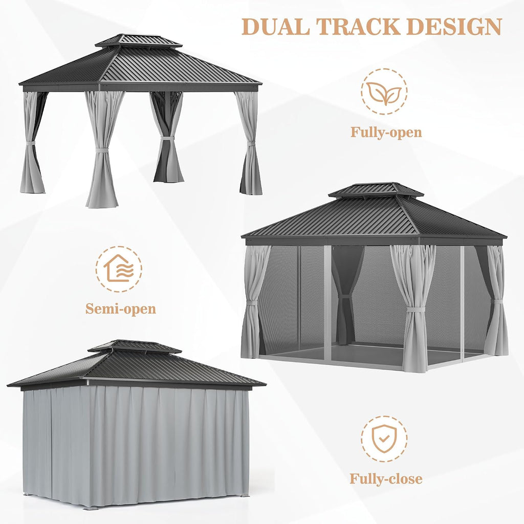 WKM 10x12 FT Hardtop Gazebo with Heavy Duty Galvanized Steel Double Roof, Aluminum Frame Permanent Pavilion with Curtains and Netting, Outside Canopy Gazebo for Patio, Deck and Backyard, Grey
