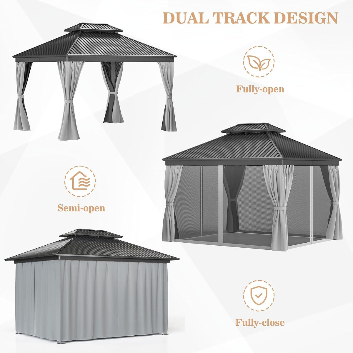 WKM 10x12 FT Hardtop Gazebo with Heavy Duty Galvanized Steel Double Roof, Aluminum Frame Permanent Pavilion with Curtains and Netting, Outside Canopy Gazebo for Patio, Deck and Backyard, Grey