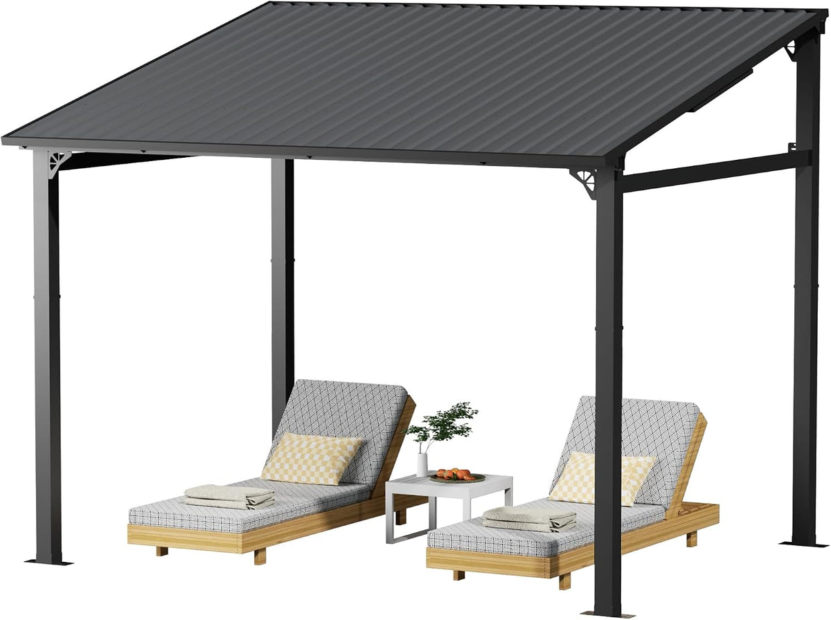 EBE 10' x 8' Outdoor Lean to Gazebo, Hardtop Wall Mounted Pergola with Sloping Galvanized Steel Roof, Lean to Metal Pergola and Gazebo Clearance for Patio, Deck, Backyard