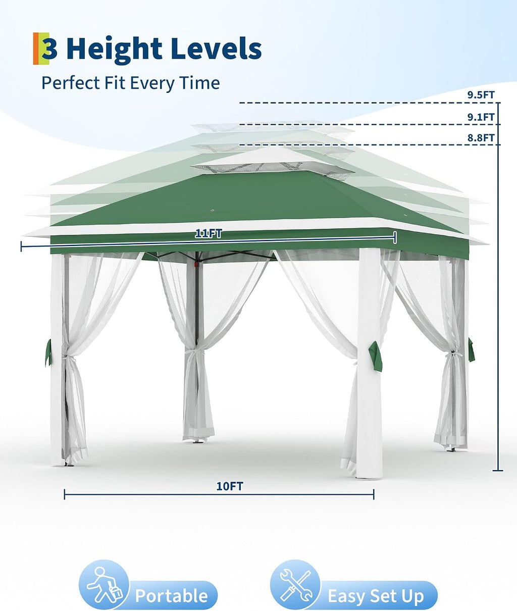 GarveeLife 11'x11 Pop-Up Gazebo, Instant Outdoor Canopy Tent with Mosquito Nettings, Durable Steel Frame, Water, and UV Proof, for Patio, Garden, Courtyard, Party (Green)