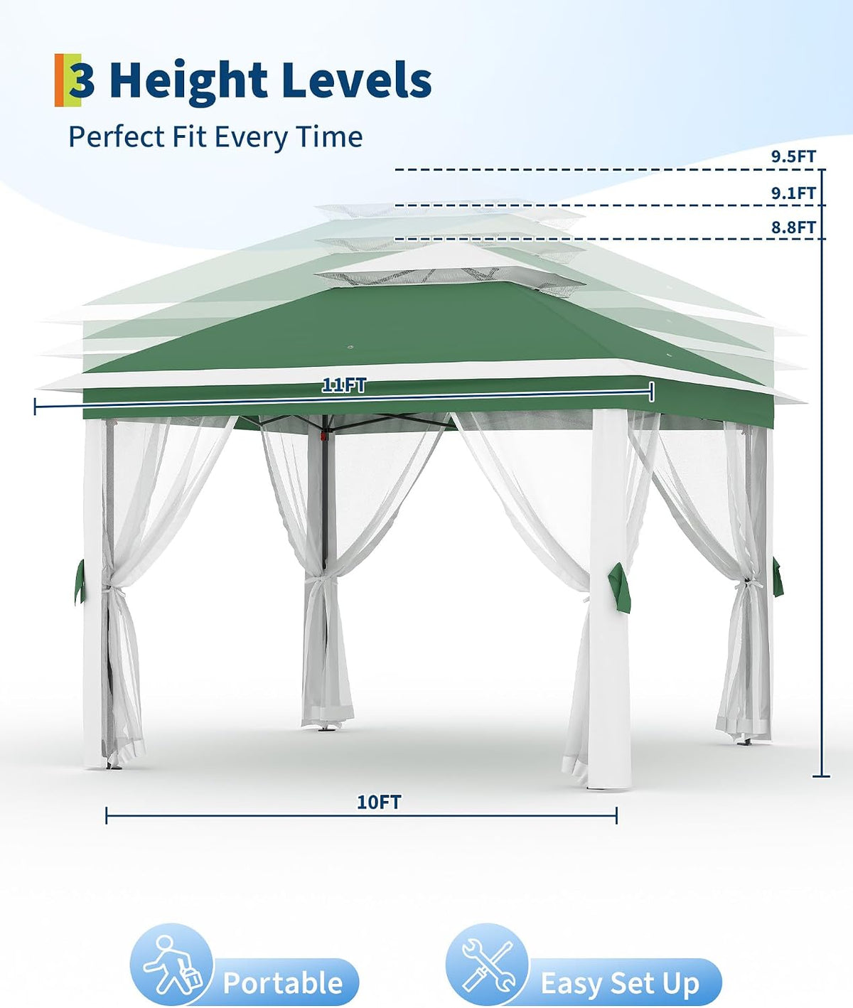 GarveeLife 11'x11 Pop-Up Gazebo, Instant Outdoor Canopy Tent with Mosquito Nettings, Durable Steel Frame, Water, and UV Proof, for Patio, Garden, Courtyard, Party (Green)