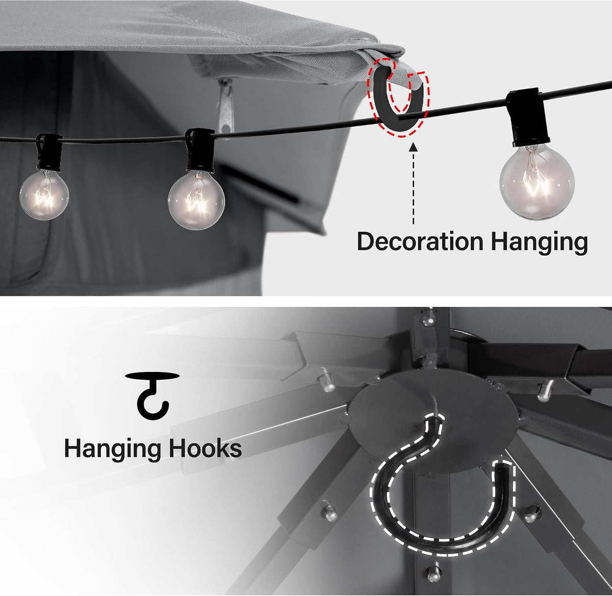 LAUSAINT HOME 8'x8' Outdoor Gazebo with 50FT String Lights, Metal Heavy Duty Patio Canopy Tent with Double Roofs, Mosquito Nettings and Privacy Screens for Backyard, Garden, Lawn, Gray