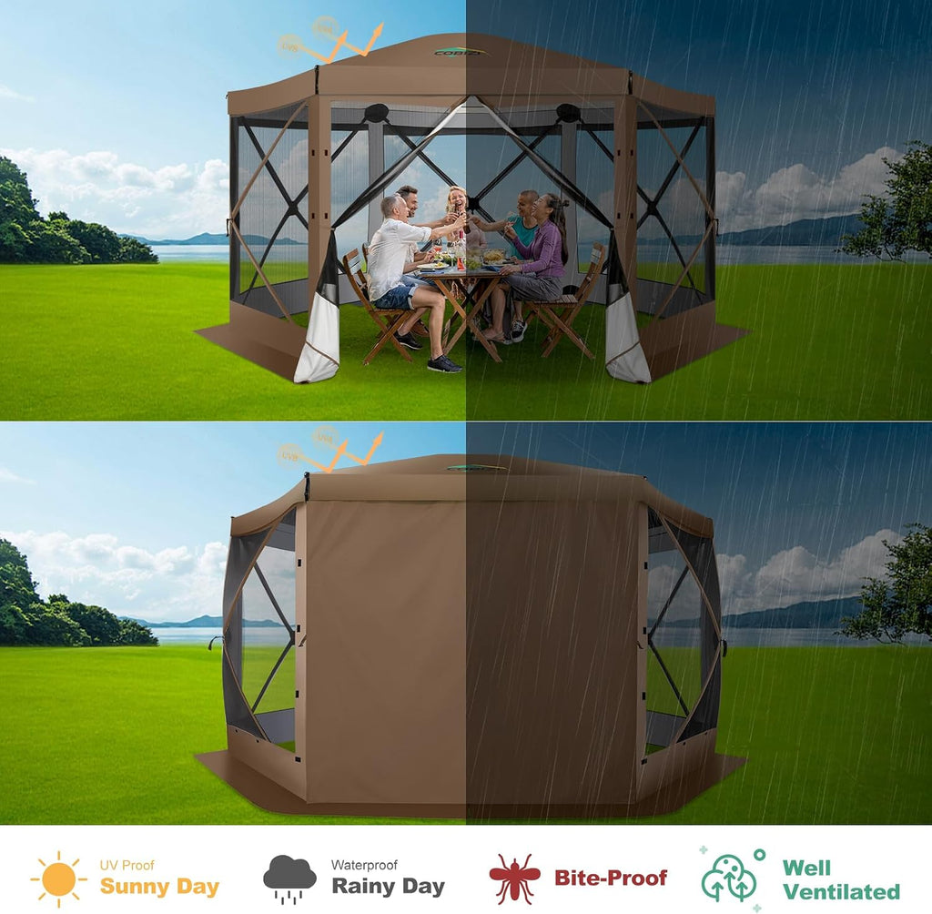 COBIZI 12x12 FT Pop Up Canopy Extendable Tent, Gazebos On Clearance, Screened in Gazebo,Screen Tents Portable carpas para Patio for Outdoor Camping,Backyard, Garden, Brown(Upgraded)