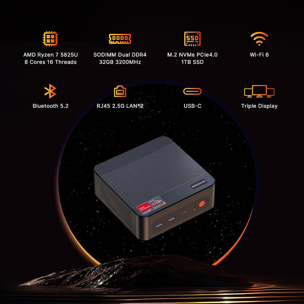 BOSGAME P4 Mini PC Desktop Computers, Ryzen 7 5825U, 32GB DDR4, 1TB M.2 2280 NVMe SSD, 11 Pro, Dual LAN 2.5G, Wi-Fi 6E, BT5.2, 4K Triple Display HDMI+DP+Type-C