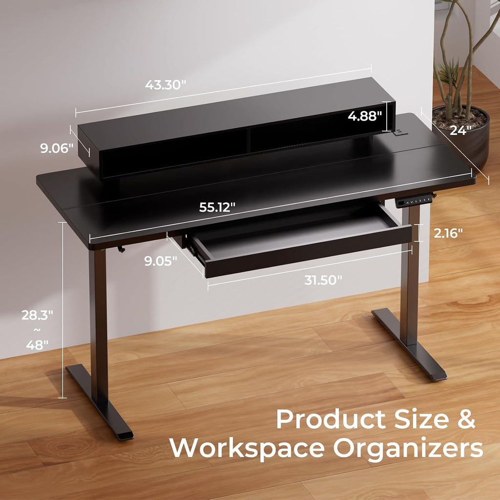 GTPLAYER Electric Standing Desk with Drawers, 55 x 24 Inch Height Adjustable Gaming Desk with Monitor Stand, Power Outlets & LED Lights, Home Office Sit Stand Up Desk with Memory Preset (Ebony Black)