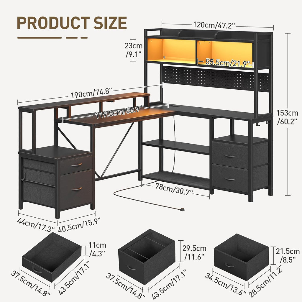RALGEND 75' L Shaped Gaming Desk with Hutch, L Shaped Desk with Drawers, LED Light, Power Outlets & Pegboard, Corner Desk with Storage Shelves & Monitor Stand for Home Office, Black