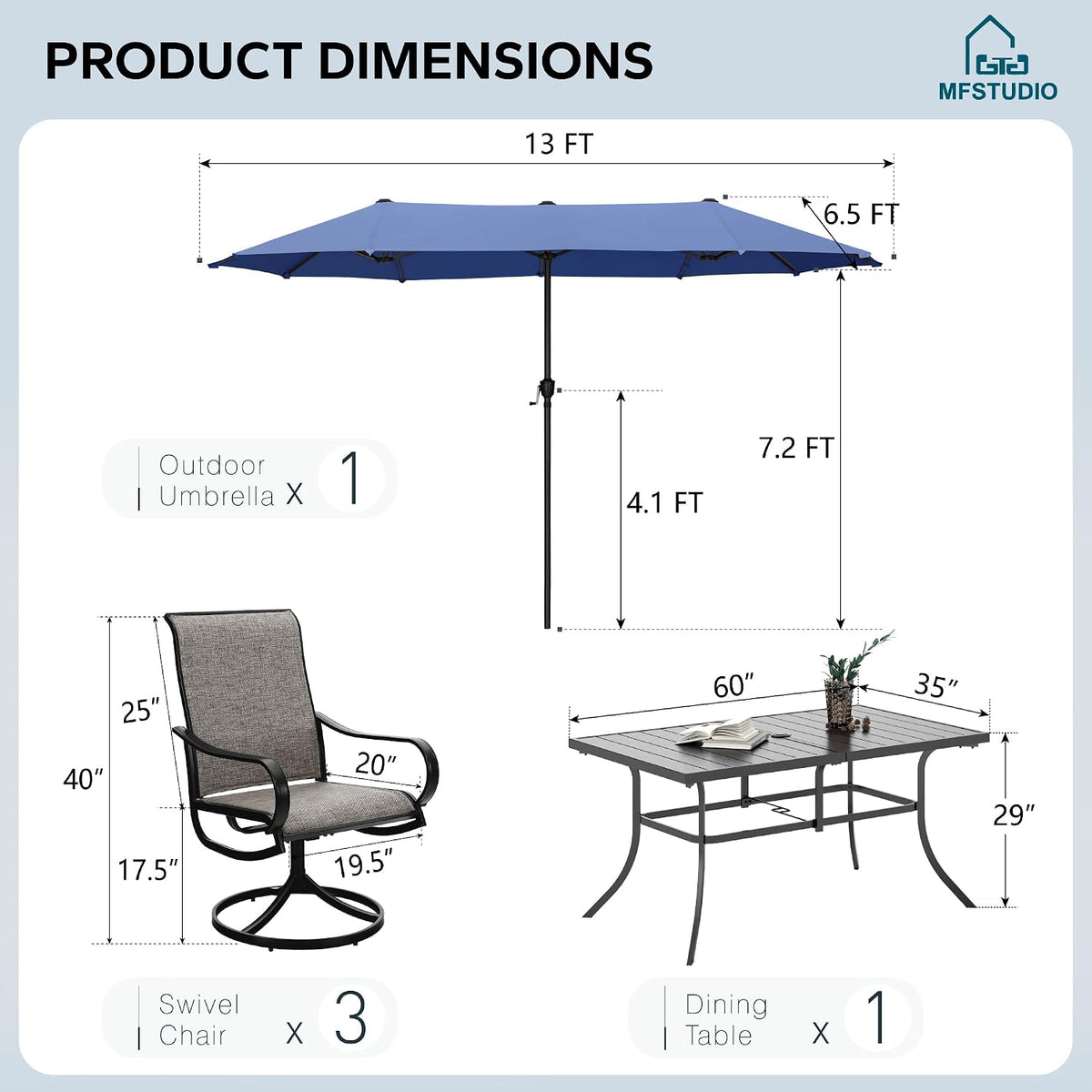 MFSTUDIO Patio Dining Set for 6, Patio Furniture Set with Blue Umbrella (Base not Included), Outdoor Rectangle Table and Swivel Chairs Set for Deck, Backyard, Lawn & Garden
