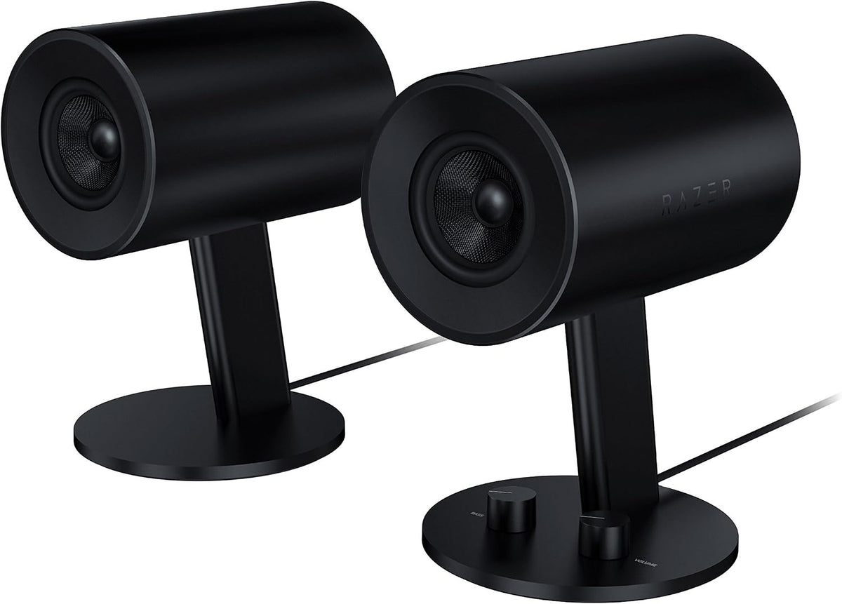 Razer Nommo: Custom Woven Fiberglass 3' Drivers - Rear-Facing Bass Ports - Bass Knob w/Automatic Gain Control - Full Range 2.0 PC Gaming Speakers