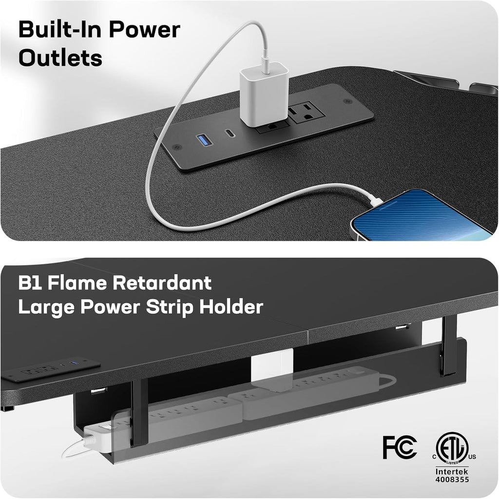 HUANUO Electric L Shaped Standing Desk, 63' x 63' Height Adjustable Corner Standing Desk with Built-in Power Outlets & Power Strip Holder, Sit Stand Up Table with 4 Preset Heights, Black