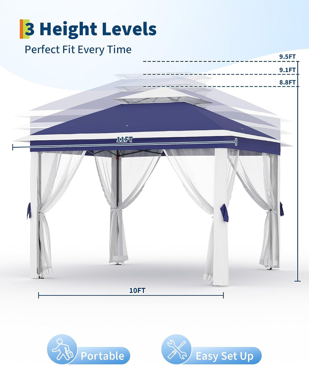 GarveeLife 11'x11 Pop-Up Gazebo, Instant Outdoor Canopy Tent with Mosquito Nettings, Durable Steel Frame, Water, and UV Proof, for Patio, Garden, Courtyard, Party (Blue)
