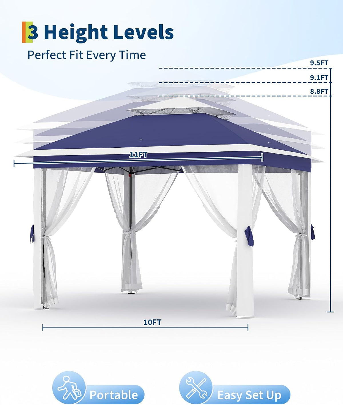 GarveeLife 11'x11 Pop-Up Gazebo, Instant Outdoor Canopy Tent with Mosquito Nettings, Durable Steel Frame, Water, and UV Proof, for Patio, Garden, Courtyard, Party (Blue)