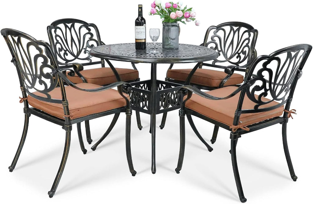 VIVIJASON 5-Piece Outdoor Patio Dining Set, All-Weather Cast Aluminum Conversation Set, Patio Furniture Set for Balcony Lawn Garden, Include 4 Cushioned Chairs, a 35.4 inch Round Table w/Umbrella Hole