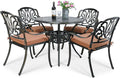 VIVIJASON 5-Piece Outdoor Patio Dining Set, All-Weather Cast Aluminum Conversation Set, Patio Furniture Set for Balcony Lawn Garden, Include 4 Cushioned Chairs, a 35.4 inch Round Table w/Umbrella Hole