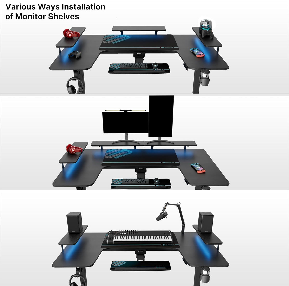 EUREKA ERGONOMIC Standing Desk with Keyboard Tray,U-Shaped 74 Inch Large Gaming Desk,Electric Height Adjustable Music Studio Desk w LED Convertible Shelves