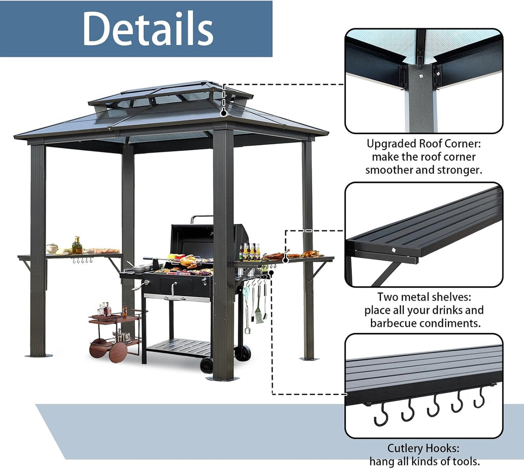 Endark 8'x5' Grill Hardtop Polycarbonate Gazebo with Double Roof, Aluminum Frame and Galvanized Steel Construction, Ideal for Patio, Lawn, and Backyard