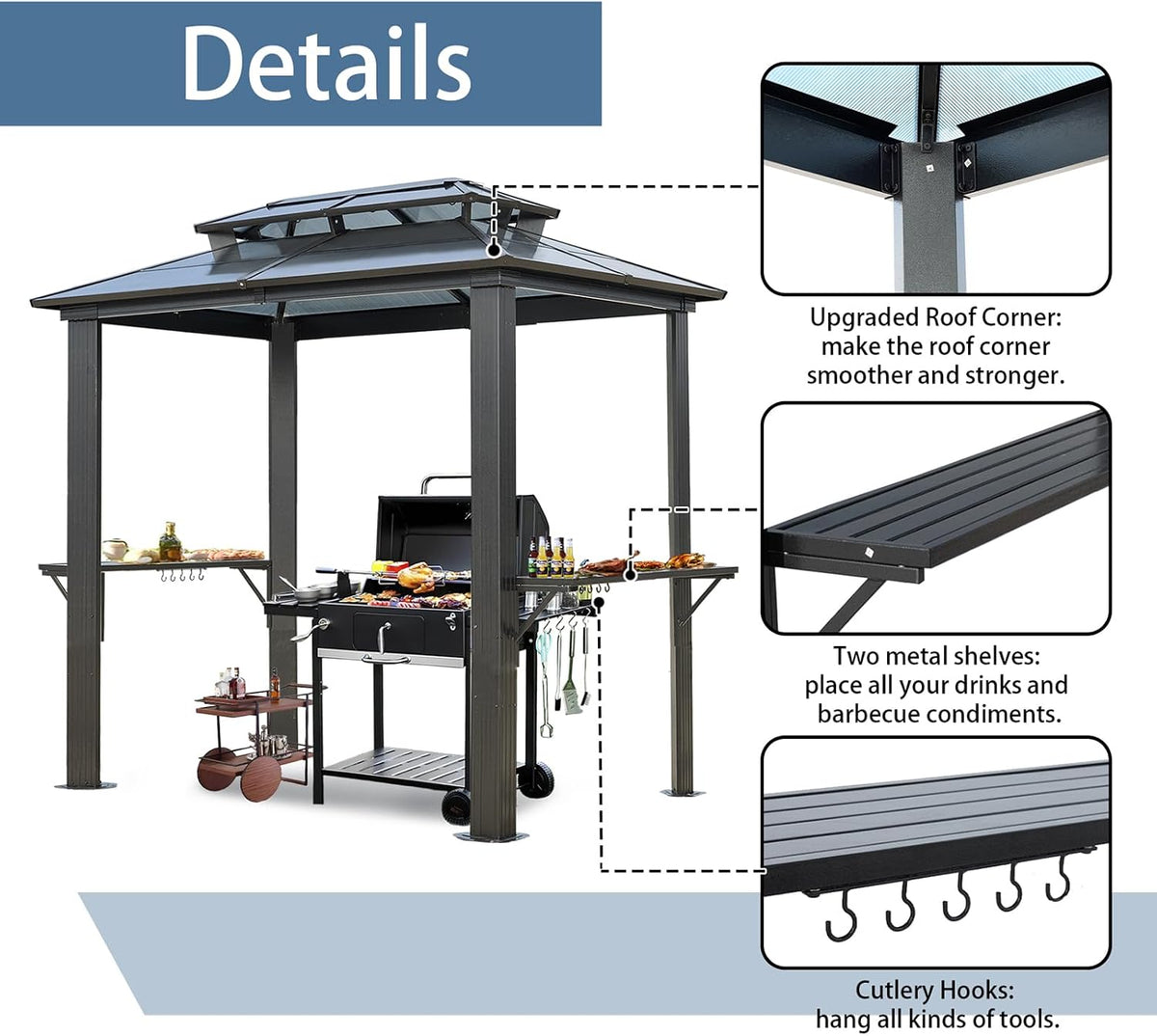 Endark 8'x5' Grill Hardtop Polycarbonate Gazebo with Double Roof, Aluminum Frame and Galvanized Steel Construction, Ideal for Patio, Lawn, and Backyard