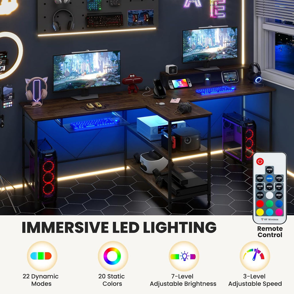 Tangkula 2-Person Reversible Computer Desk with LED Lights, 94.5' Long Office Desk with Power Outlets, Monitor Stand, Keyboard Tray & 2 Storage Shelves, Double Desk for Gaming Working Writing (Walnut)