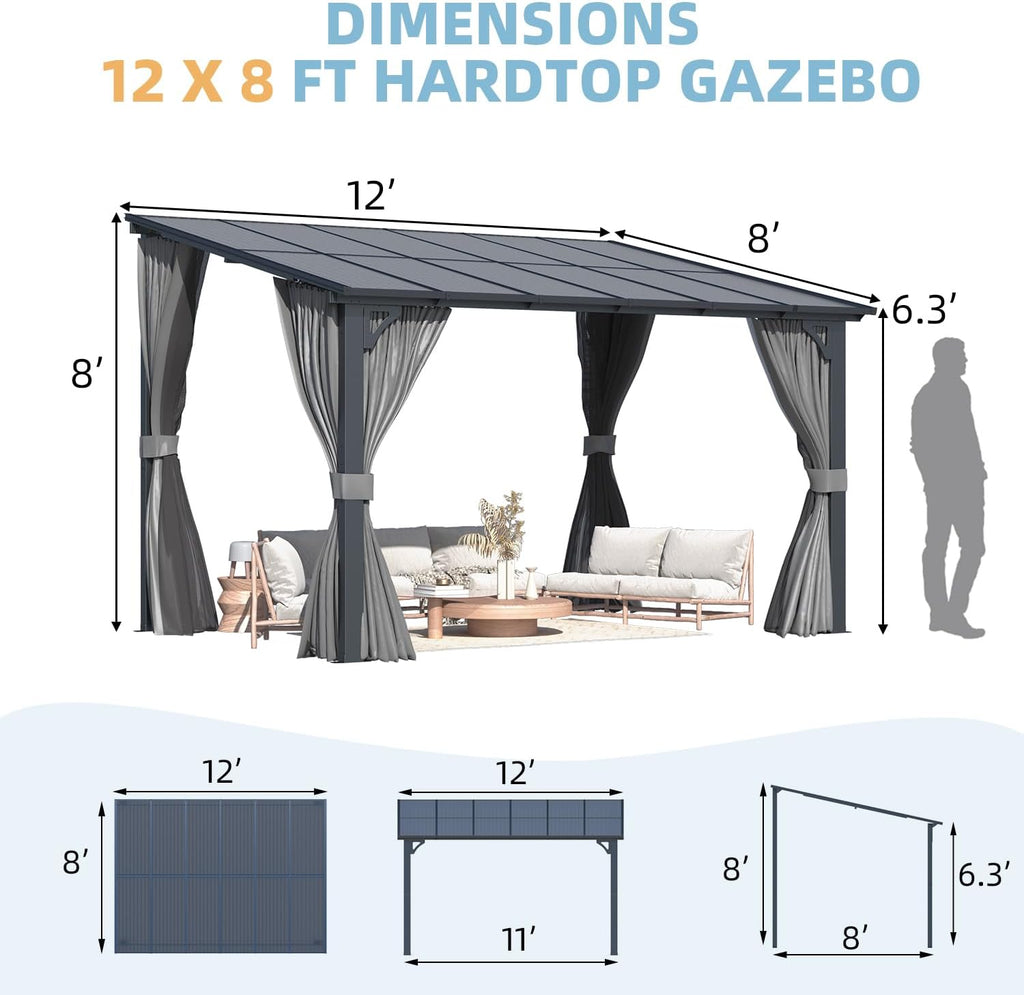 AECOJOY 12' x 8' Gazebo Outdoor Pergola with Curtains and Netting, 8'x12' Hard Top Lean to Pergolas and Gazebos Clearance with Patio Roof, Large Wall-Mounted Heavy Duty Awnings for Patio, Decks