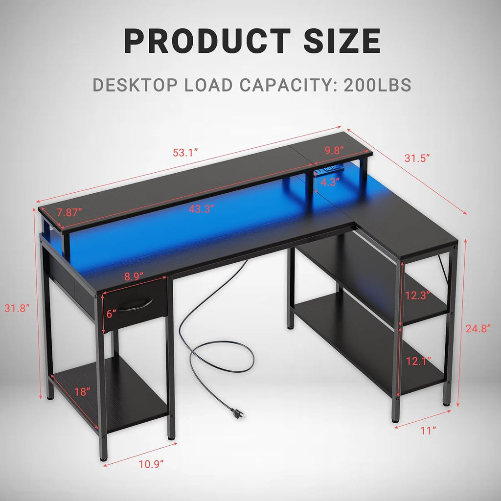 Simple Deluxe 53-inch L-Shaped Gaming Desk with LED Lights & Power Outlets, Reversible Corner Computer Desk with Monitor Riser, Drawer & Shelves, for Home Office, Black