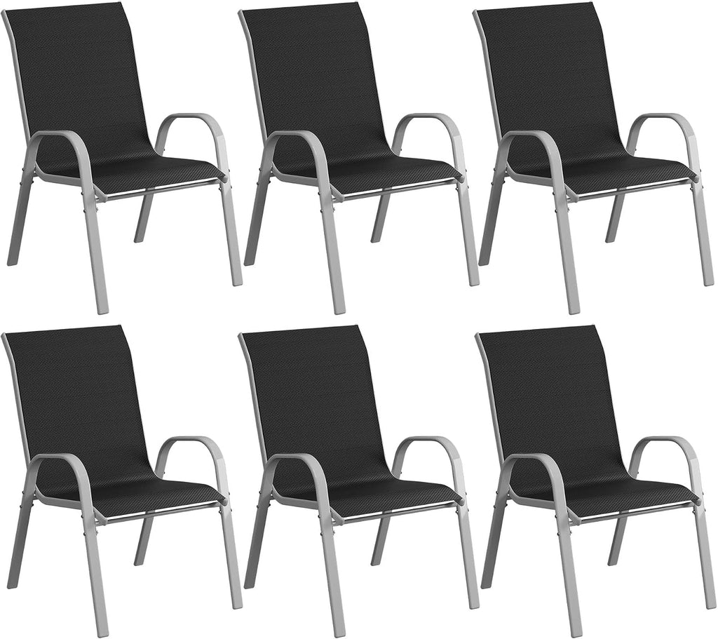 Amopatio Patio Chairs Set of 6, Stackable Outdoor Dining Chairs for All Weather, Silver Frame Outdoor Chair Garden Furniture for Backyard Deck(Black)