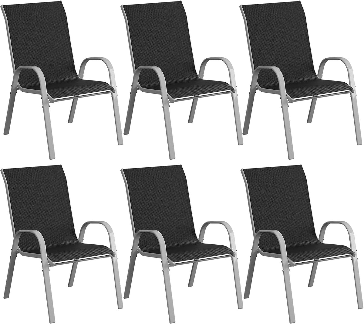 Amopatio Patio Chairs Set of 6, Stackable Outdoor Dining Chairs for All Weather, Silver Frame Outdoor Chair Garden Furniture for Backyard Deck(Black)