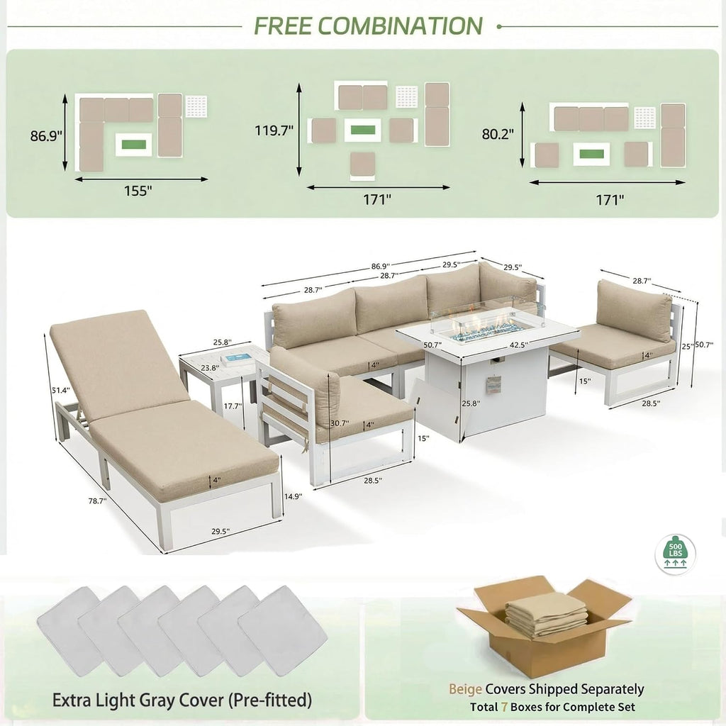 RADIATA 8 Piece Modern Aluminum Outdoor Patio Furniture Set with Lounger & Fire Pit Table, Extra Large All-Weather Modular Sectional Couch, 29' Wide Deep Seating Conversation Sofa for Poolside, Beige
