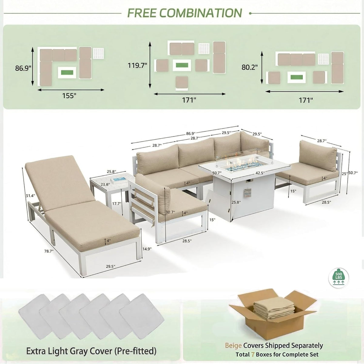 RADIATA 8 Piece Modern Aluminum Outdoor Patio Furniture Set with Lounger & Fire Pit Table, Extra Large All-Weather Modular Sectional Couch, 29' Wide Deep Seating Conversation Sofa for Poolside, Beige