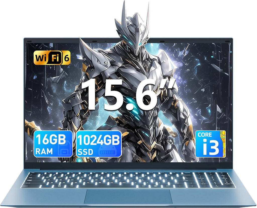 15.6 Inch Laptop Computer, Laptops with 16GB RAM 1024GB SSD, Core i3-10100Y CPU(Up to 3.9GHz), IPS FHD Display, Backlit Keyboard, WiFi 6, 53.2WH Battery, 180° Viewing, Type-C, HDMI