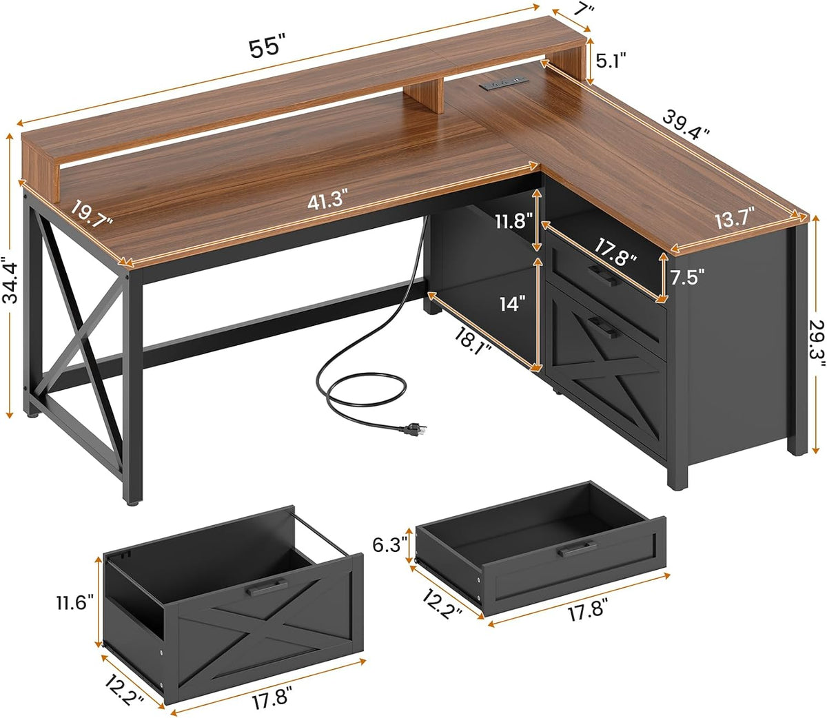 SEDETA L Shaped Gaming Desk with Drawers, 55' Farmhouse Computer Desk with File Drawer and Storage Shelves, Corner Gaming Desk with LED Lights and Monitor Shelf, Black and Brown
