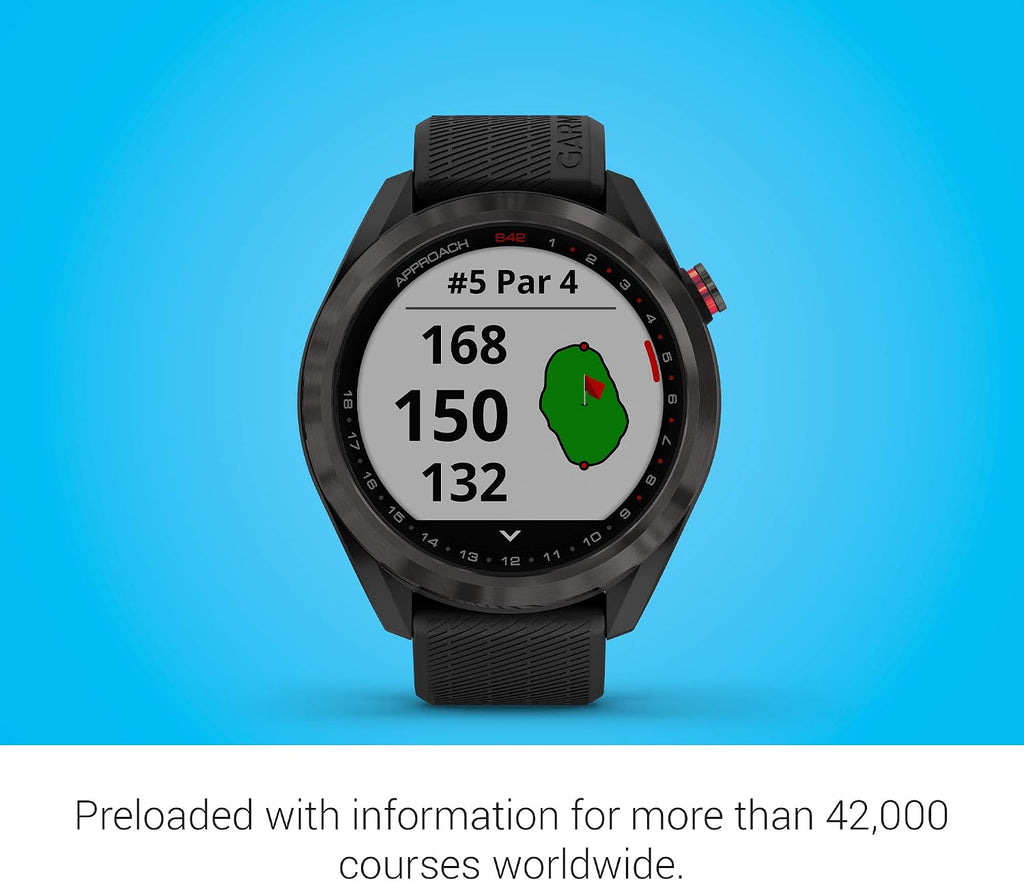 Garmin Approach S42, GPS Golf Smartwatch, Lightweight with 1.2' Touchscreen, 42k+ Preloaded Courses, Gunmetal Ceramic Bezel and Black Silicone Band, 010-02572-10 (Renewed)