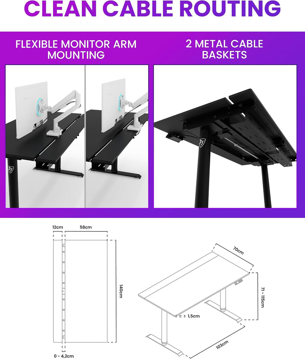 Arozzi Arena Nordico Gamer Desk – 55x27.6' Electric Standing Table – PC Gaming Desk with Storage for Cables - Dual Cable Baskets, Split Tabletop, Monitor Arm Friendly - Black