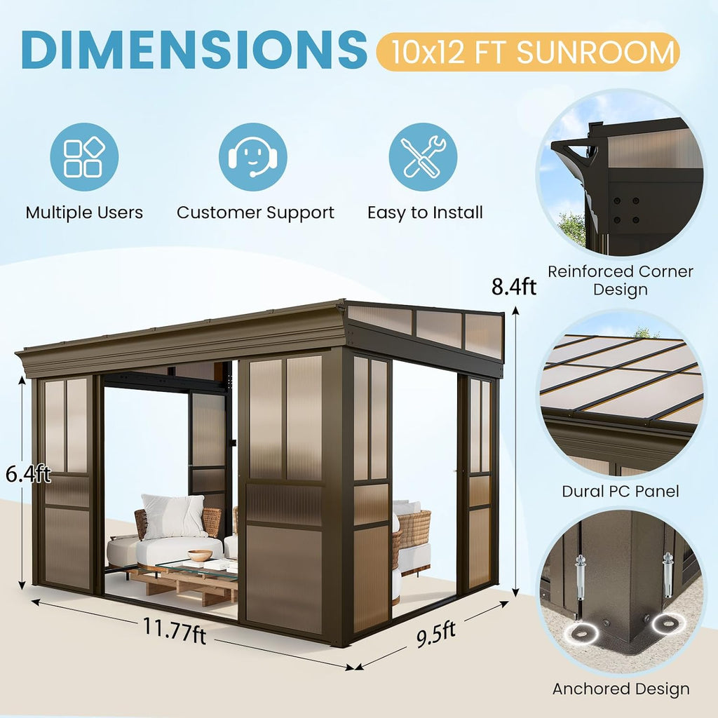 EROMMY 10x12 Lean-to Sunroom Gazebo, Enclosed Patio Shelter with Sliding Doors, Polycarbonate Roof and Brown-Tinted Panels, Aluminum Frame for Backyard