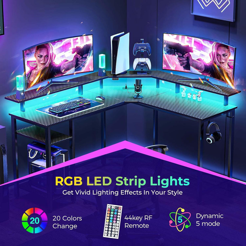 Rolanstar L Shaped Gaming Desk with LED Lights & Power Outlets, 53' Computer Desk with Full Monitor Stand & Storage Shelf, Corner Desk with Hooks, Carbon Fiber Desk Reversible