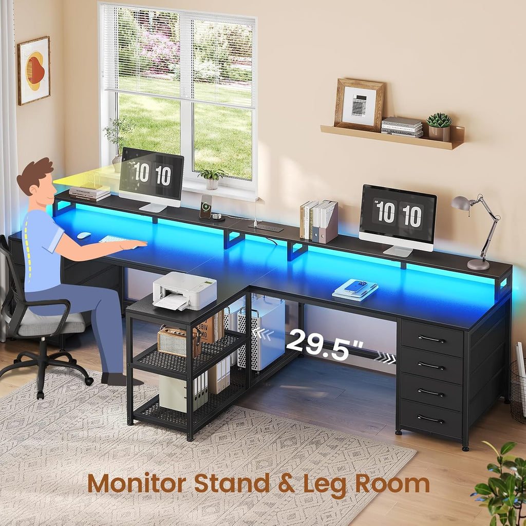 SEDETA 94.5' 2 Person Gaming Desk, Long Office Computer Desk with 8 Drawers & LED Light, Two Person Desk with Storage, Power Strip & Monitor Shelf for Home Office, Black