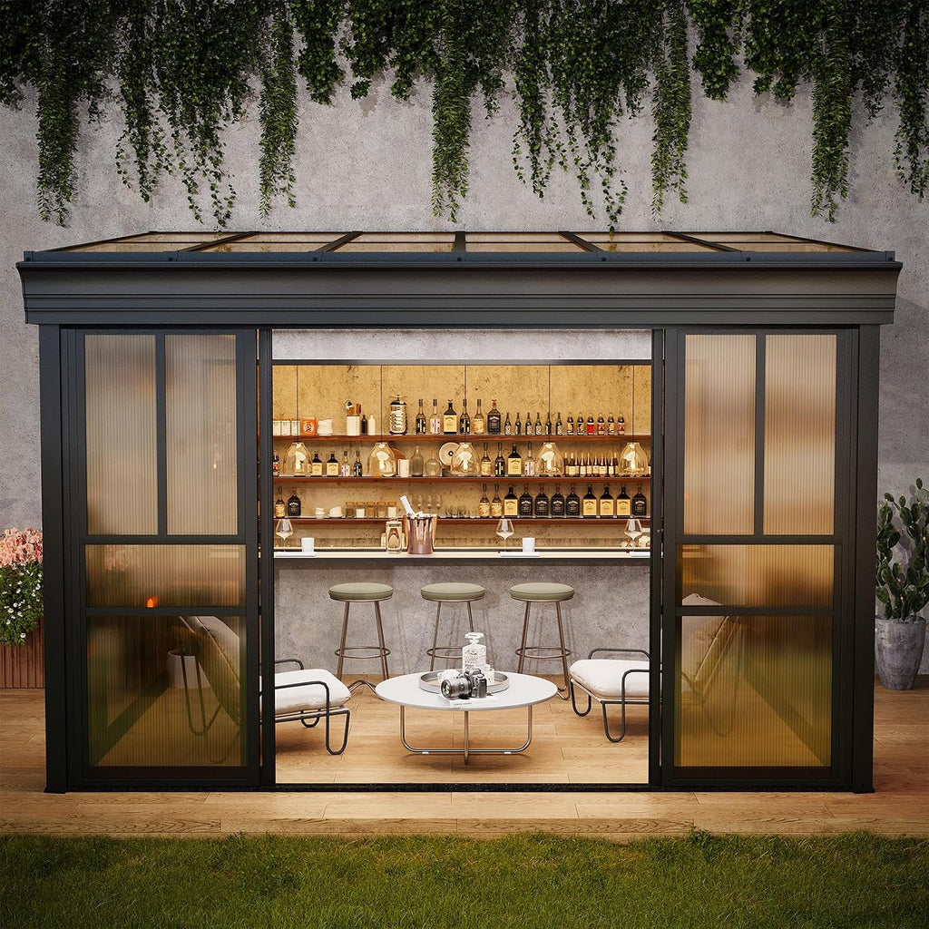 EROMMY 8x12 Lean-to Sunroom Gazebo, Enclosed Patio Shelter with Sliding Doors, Polycarbonate Roof and Brown-Tinted Panels, Aluminum Frame for Backyard