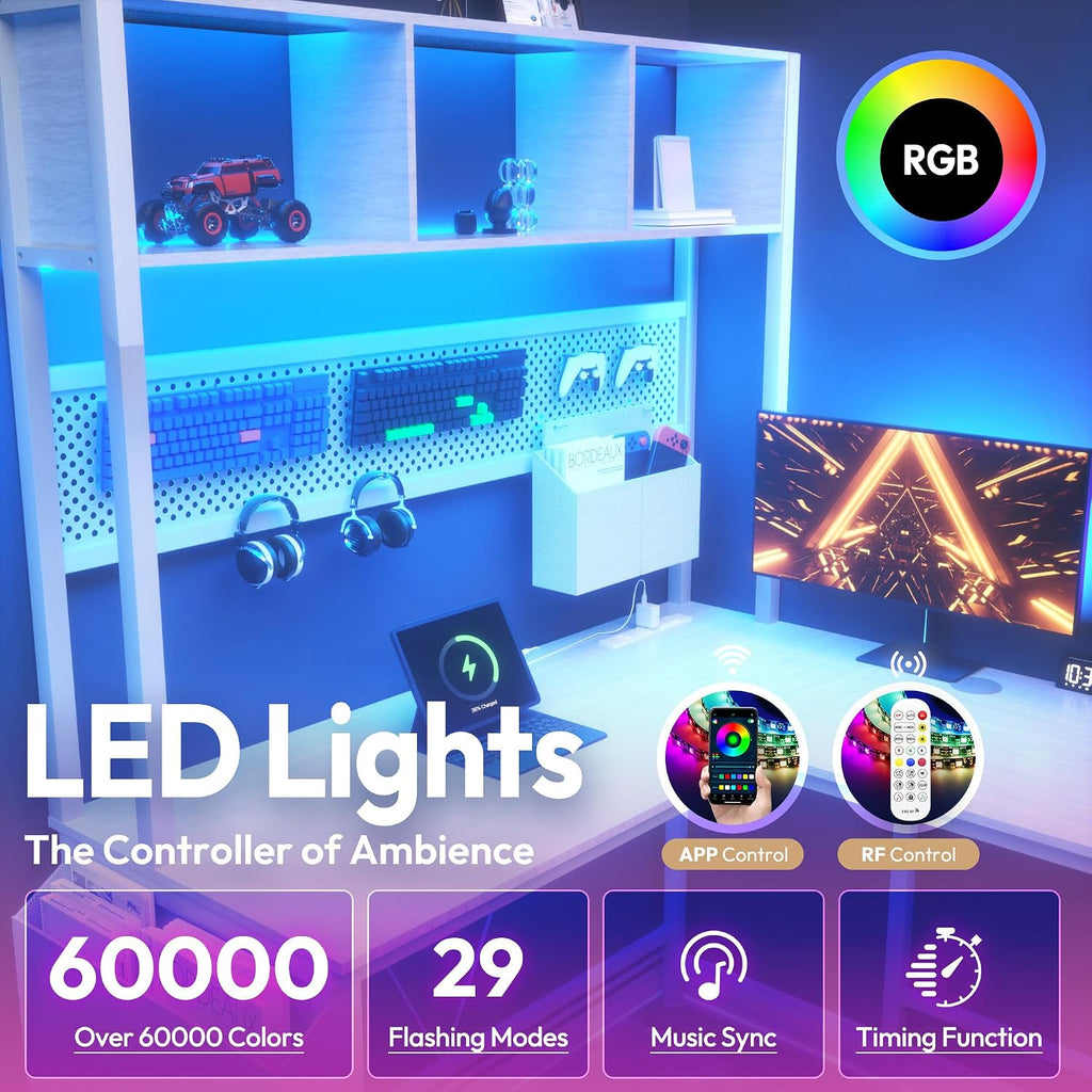Dowinx 67' L-Shaped Gaming Desk with Pegboard & Drawers, Reversible Computer Desk with RGB Lights & Power Outlets, Corner Workstation with Storage & Hutch for Home Office & Gaming White