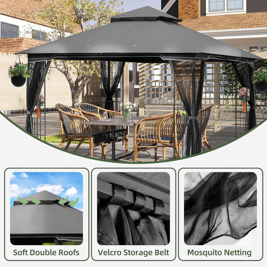 ECOTOUGE Outdoor Gazebo 10'x10', Heavy Duty Canopy Tent with Soft Double Roofs & Metal Corner Frame Shelves, Party Tent Shelter with Mosquito Netting for Patio, Deck, Backyard, Grey