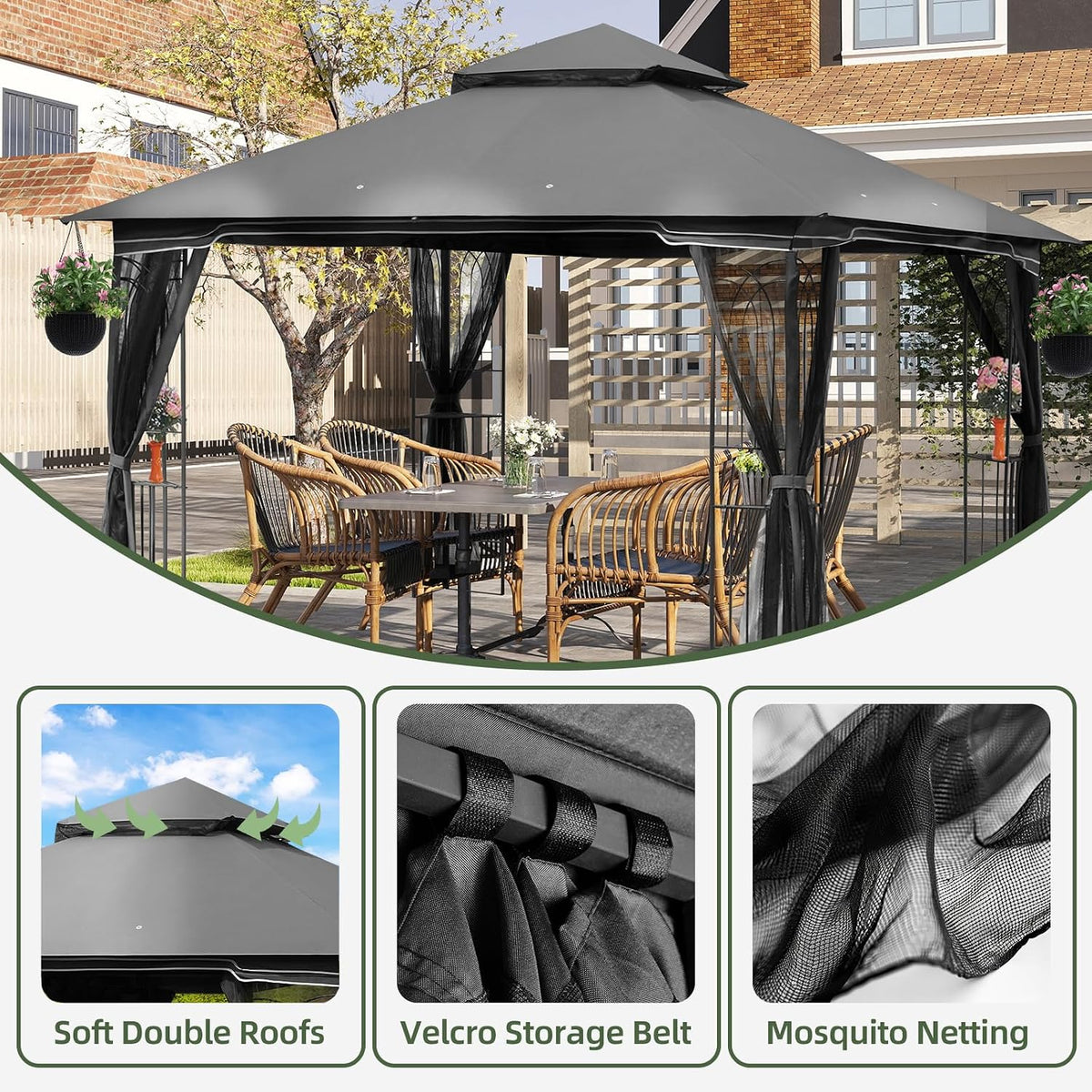 ECOTOUGE Outdoor Gazebo 10'x10', Heavy Duty Canopy Tent with Soft Double Roofs & Metal Corner Frame Shelves, Party Tent Shelter with Mosquito Netting for Patio, Deck, Backyard, Grey