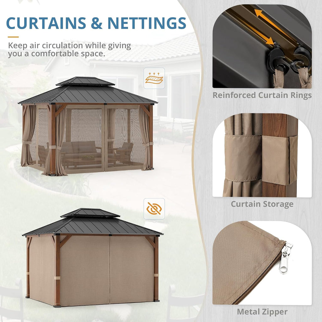 LUE BONA 10x12 Hardtop Gazebo, Galvanized Steel Double Roof Permanent Pavilion with Wood-Like Aluminum Frame, Outdoor Metal Gazebo Canopy with Nettings and Curtains for Deck, Patio, Backyard