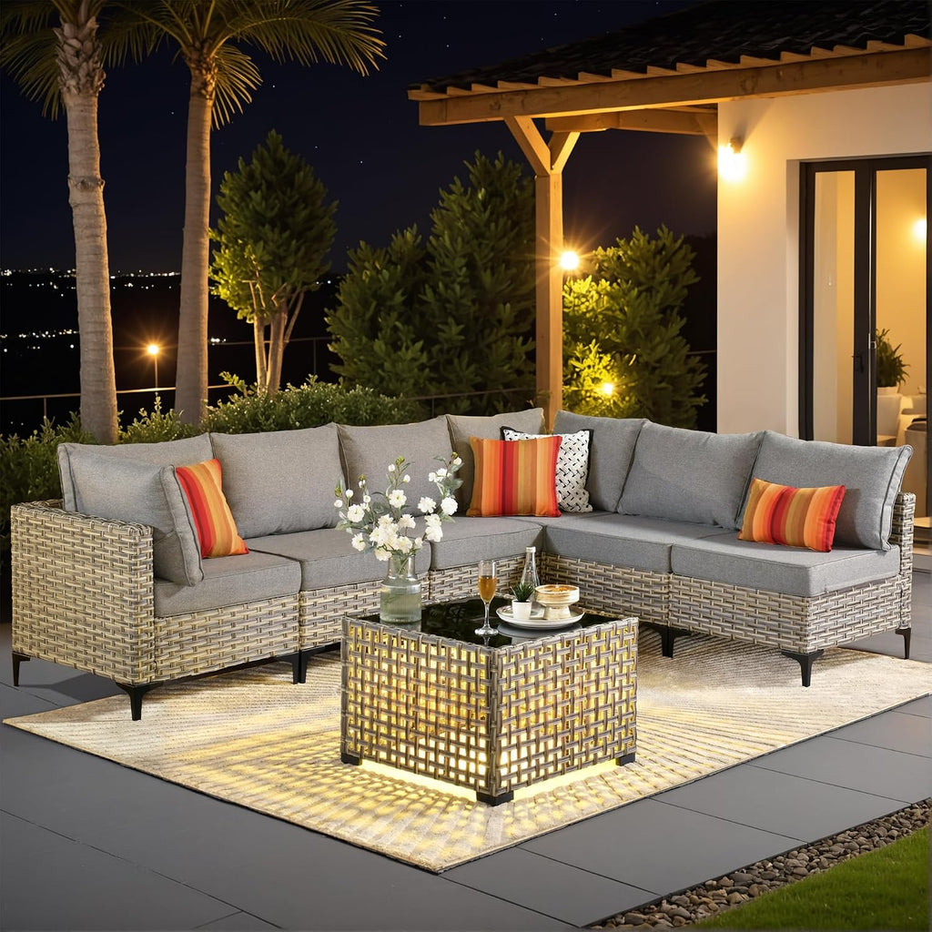 Outdoor Sectional Patio Furniture Set with Glowing Table,7 Pieces Wicker Conversation Sets L Shaped Couch Out Door Sofa Set Outside Furniture for Garden Deck Yard Porch,Dark Grey