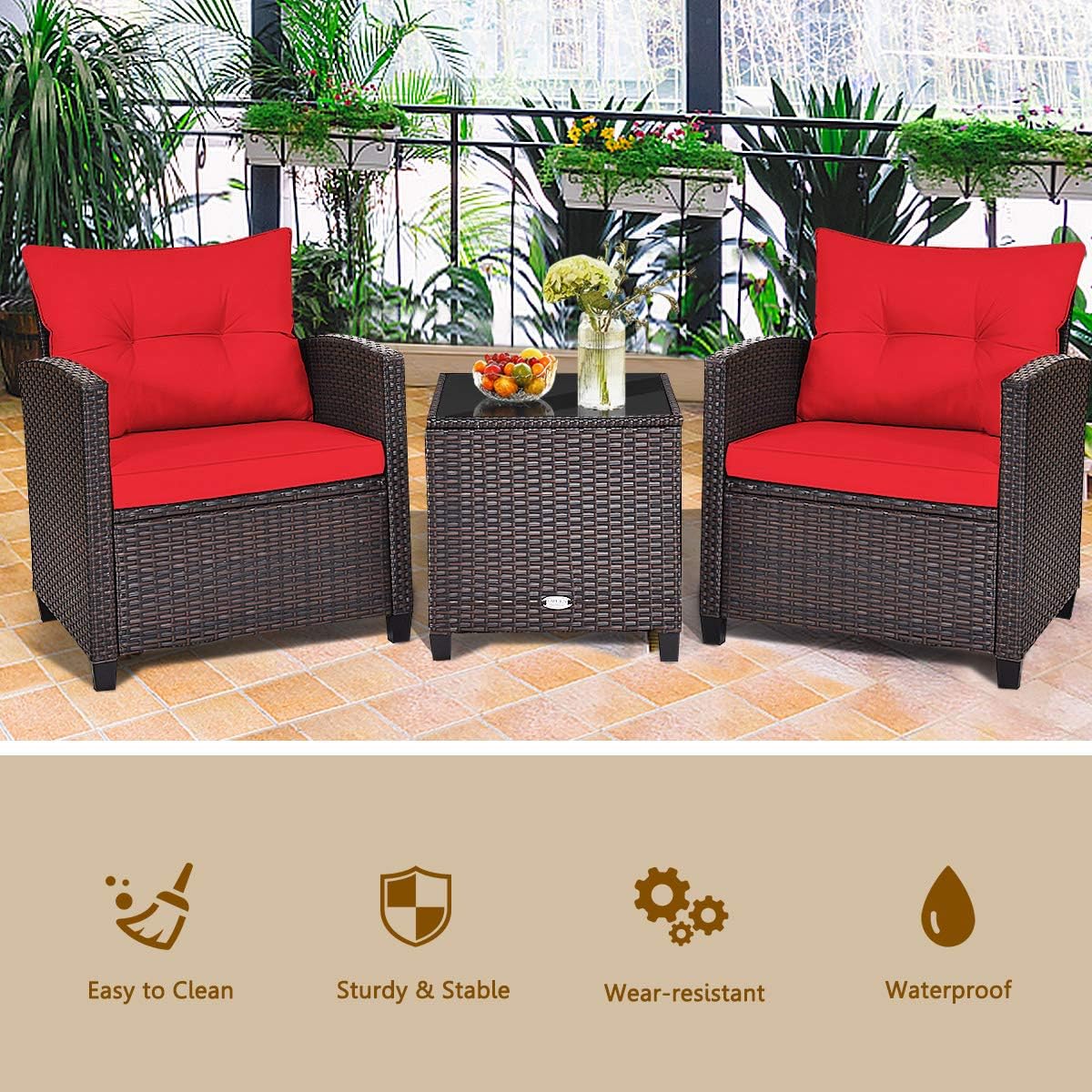 HAPPYGRILL 3 Pieces Patio Conversation Set, Outdoor Furniture Set PE Rattan Sofa Set with Removable Cushions, PE Wicker Chairs with Tempered Glass Side Table for Porch Lawn Garden Balcony Backyard