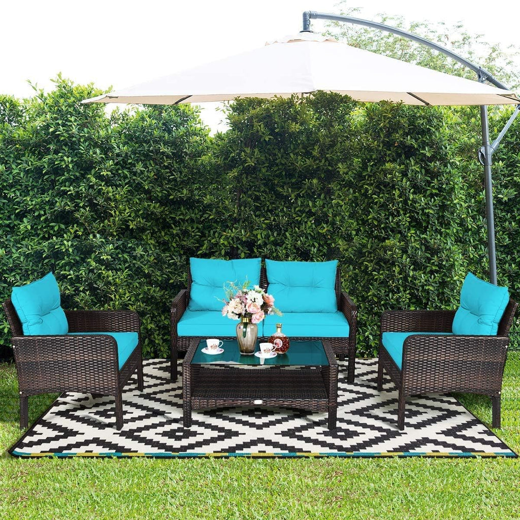 HAPPYGRILL 4-Piece Patio Furniture Set Outdoor Rattan Wicker Conversation Set with Coffee Table, Sectional Sofa Bistro Set with Cushions for Garden Poolside Backyard
